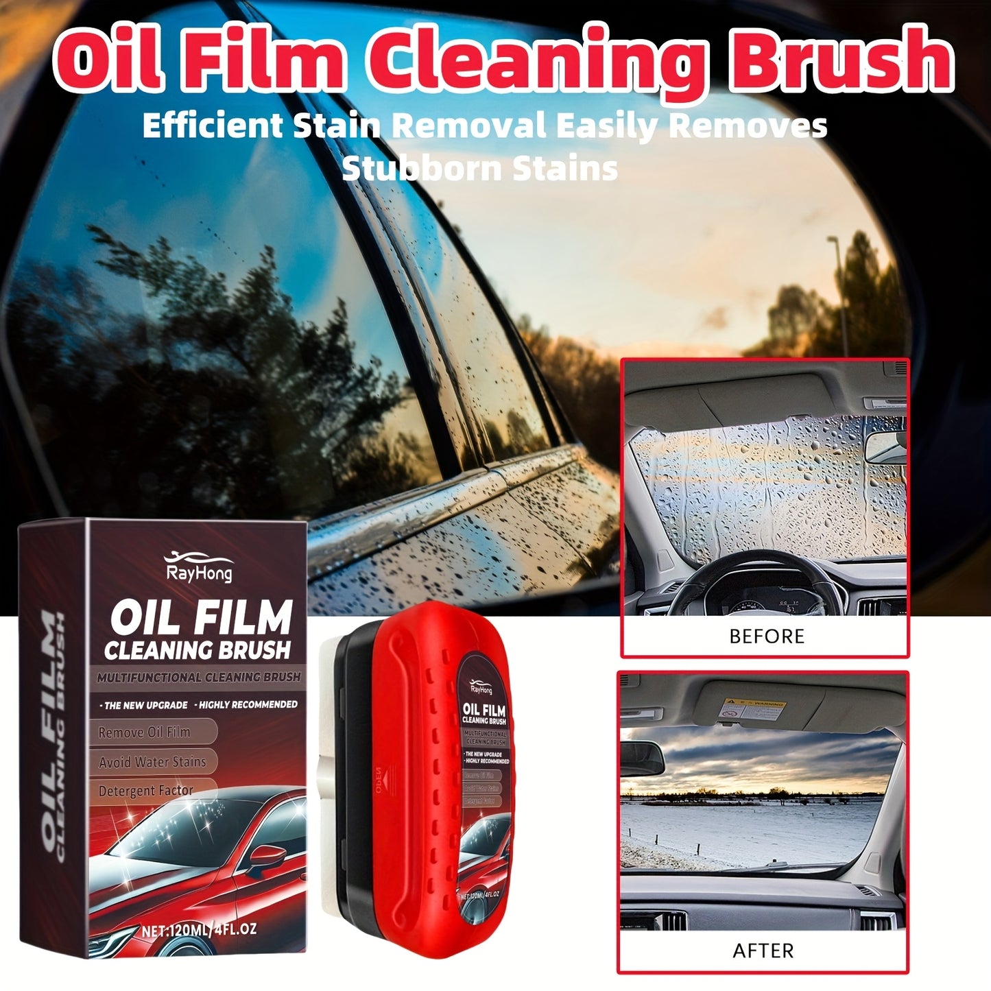 120ml Oil Film Cleaning Brush for Car Windshields - Biodegradable, Anti-Fog, Quick Stain Removal, Safe & Effective Glass Cleaner with Squeegee, Restores Clarity & Safety, Window Cleaning Tools