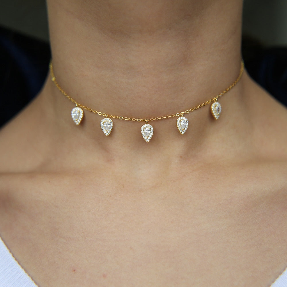 100% 925 Sterling Silver Water Drop Tear Cz Charm Dainty Delicate Choker Short Necklace for Women Wedding Multi Layer Jewelry