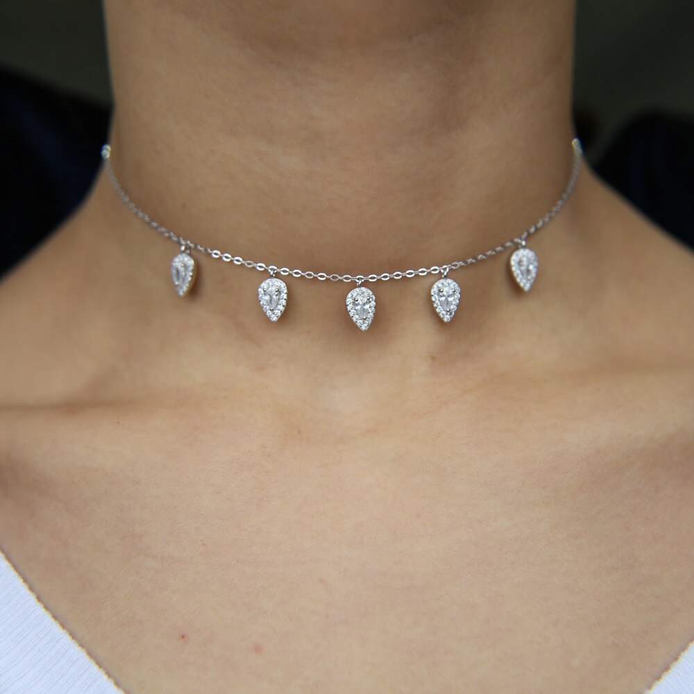 100% 925 Sterling Silver Water Drop Tear Cz Charm Dainty Delicate Choker Short Necklace for Women Wedding Multi Layer Jewelry