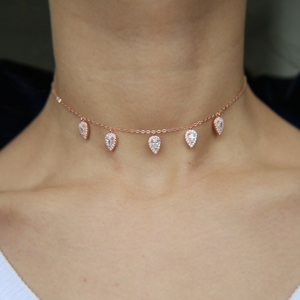 100% 925 Sterling Silver Water Drop Tear Cz Charm Dainty Delicate Choker Short Necklace for Women Wedding Multi Layer Jewelry