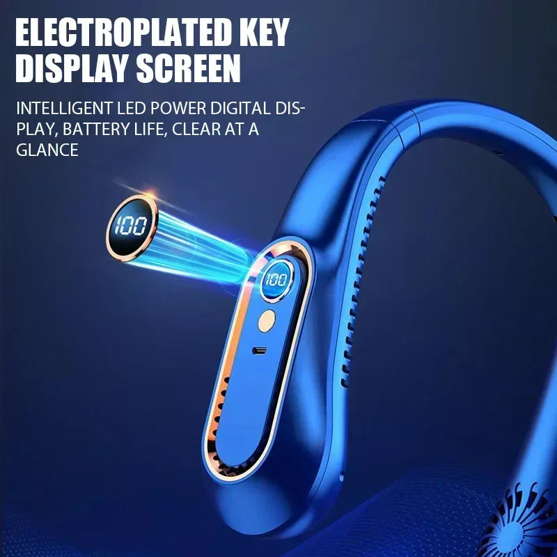 مروحة بدون شفرات للرقبة، مروحة صامتة محمولة طويلة العمر، شحن USB، مروحة رياضية للطلاب والمكتب، شاشة رقمية، طاقة 5 سرعات