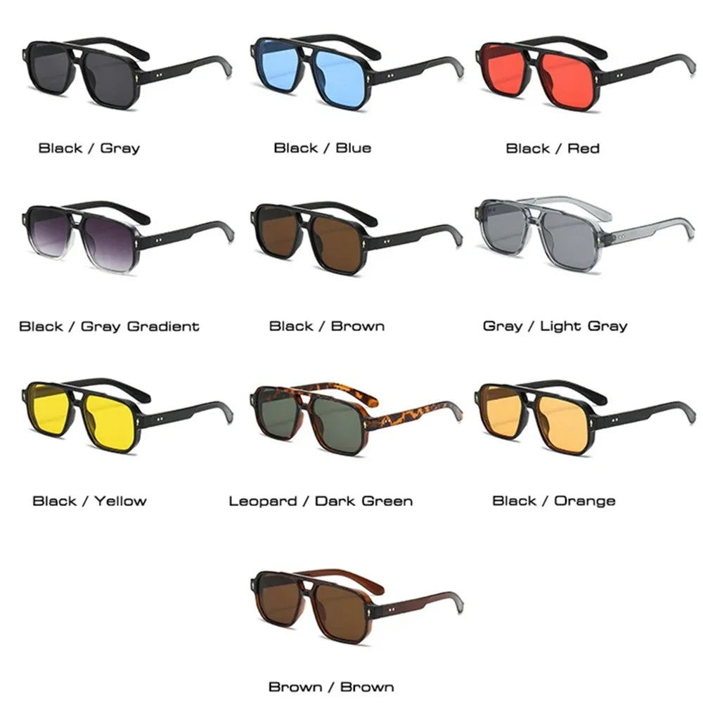 JNPCXI Vintage Double Bridges Men Square Sunglasses Fashion Green Ocean Lens UV400 Eyewear Women Trending Rivets Sun Glasses