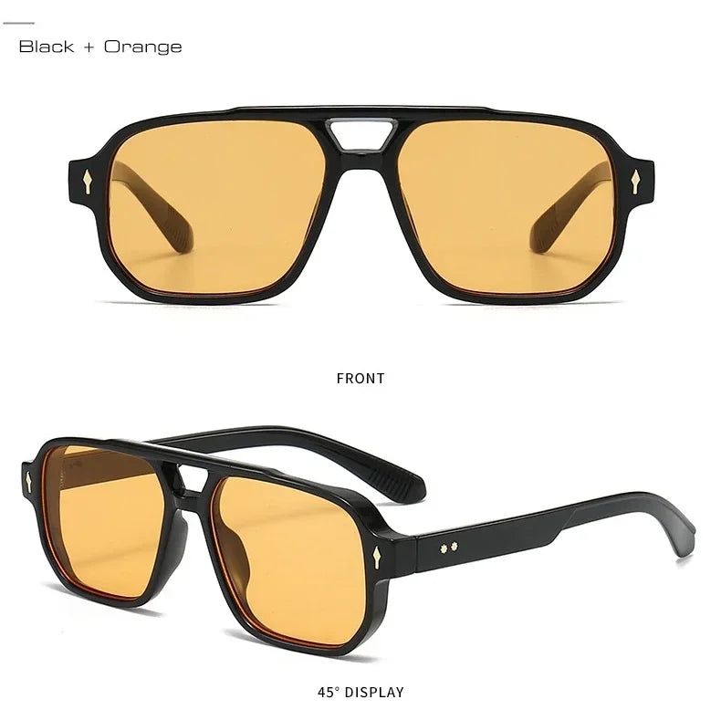 JNPCXI Vintage Double Bridges Men Square Sunglasses Fashion Green Ocean Lens UV400 Eyewear Women Trending Rivets Sun Glasses