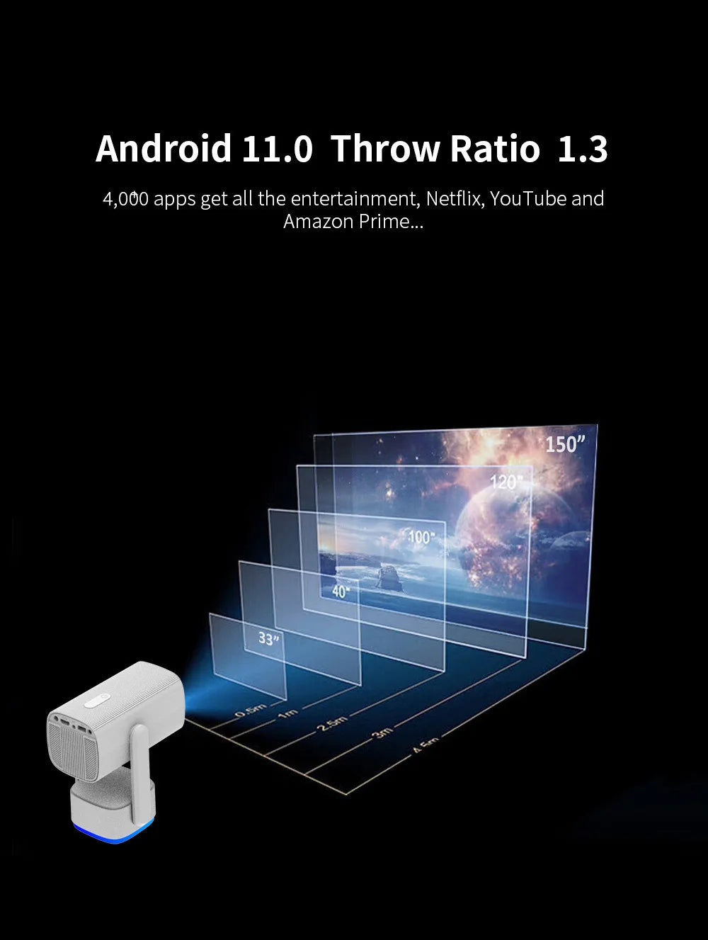 جهاز عرض Salange 4K K2 Smart Android11 مزود ببطارية مدمجة ومكبر صوت بلوتوث وWIFI Auto Focus Keystone Free-Style للأفلام الخارجية