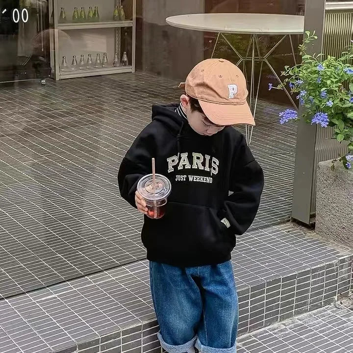 سويت شيرت بقلنسوة مطبوع عليه حروف فضفاضة على الطراز الكوري للأطفال حديثي الولادة بأكمام طويلة لفصل الخريف والشتاء للأولاد والبنات