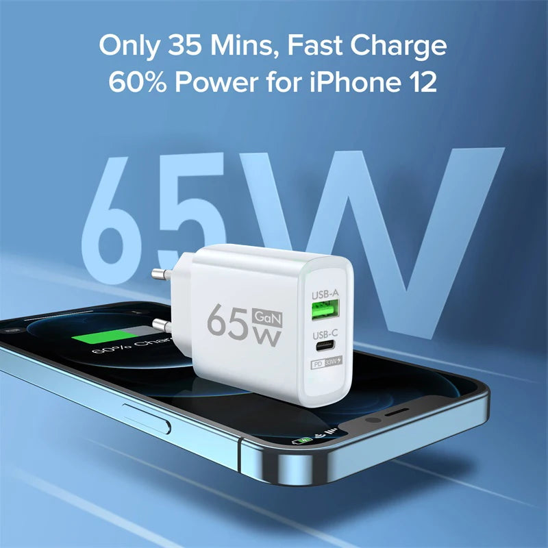 شاحن GAN 65W PD USB Type C شاحن سريع محول طاقة لهاتف iPhone 15 Xiaomi Huawei Samsung شاحن سريع للهاتف المحمول