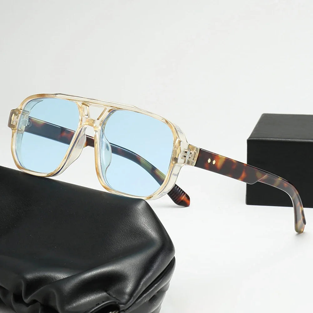 JNPCXI Vintage Double Bridges Men Square Sunglasses Fashion Green Ocean Lens UV400 Eyewear Women Trending Rivets Sun Glasses