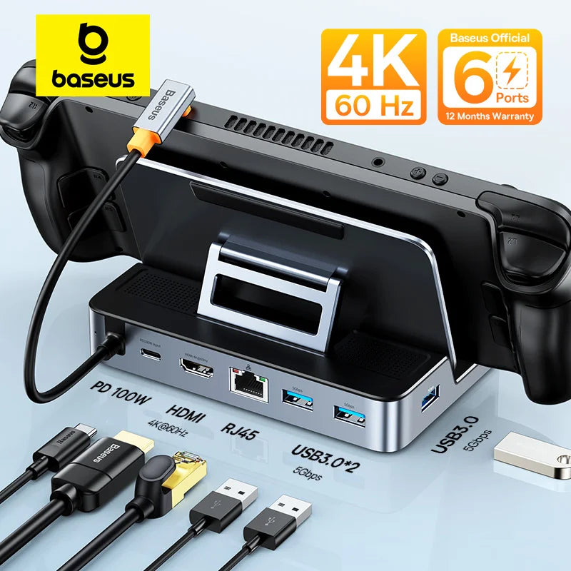 قاعدة توصيل Baseus USB C لجهاز Steam Deck Nintend Switch من النوع C إلى HDMI متوافقة مع 4K@60Hz RJ45 PD 100W Type C USB 3.0 Hub