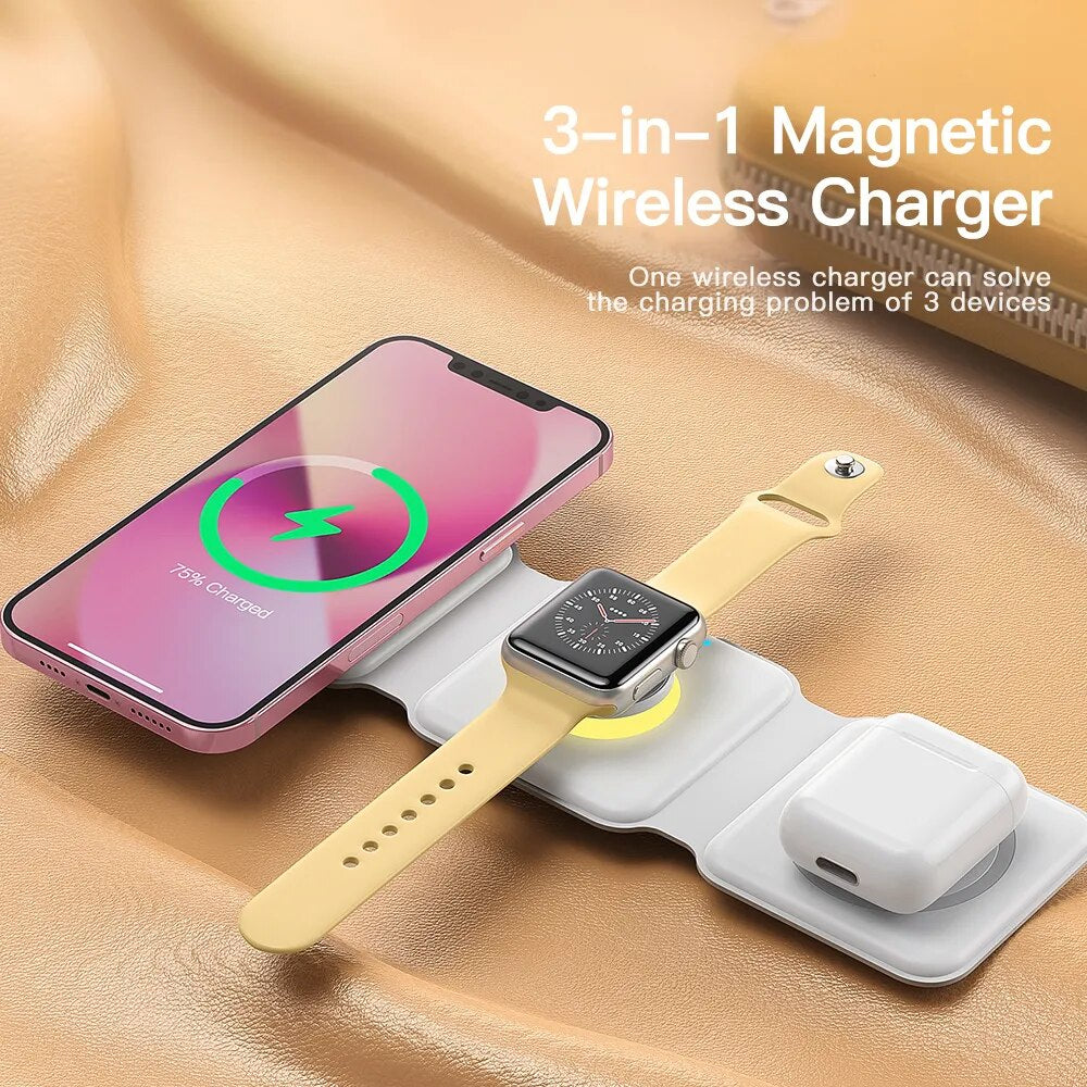 حامل شاحن لاسلكي 3 في 1 مغناطيسي 15 وات من Essager قابل للطي لهاتف iPhone 14 13 12/Airpod/iWatch 7 6 مع شحن سريع