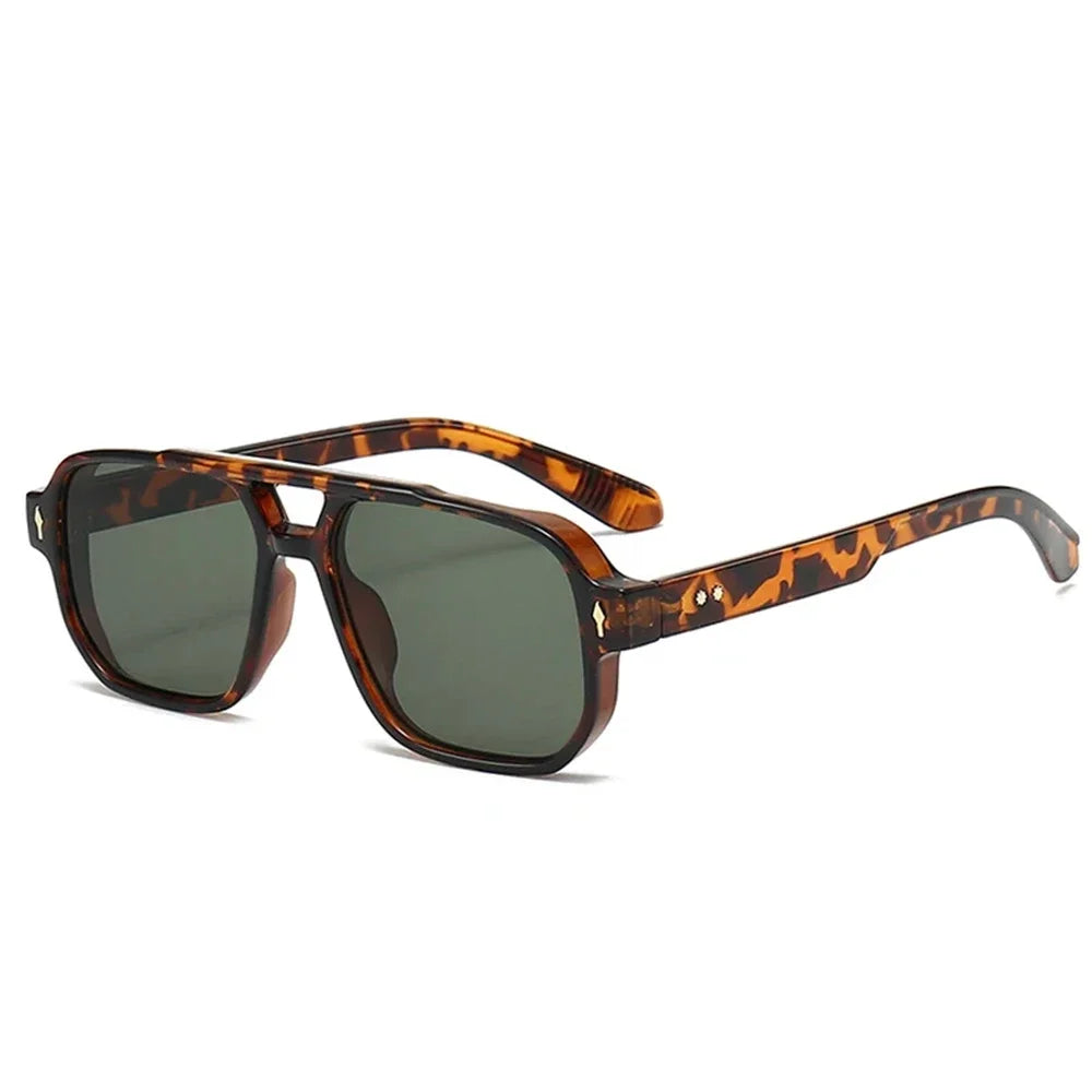 JNPCXI Vintage Double Bridges Men Square Sunglasses Fashion Green Ocean Lens UV400 Eyewear Women Trending Rivets Sun Glasses