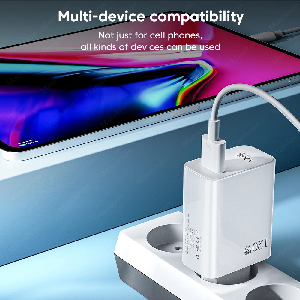 شاحن USB 120 وات GaN شحن سريع محول شاحن هاتف بمقبس الاتحاد الأوروبي/الولايات المتحدة 10 أمبير كابل من النوع C لهاتف iPhone وXiaomi وSamsung شاحن حائط USB