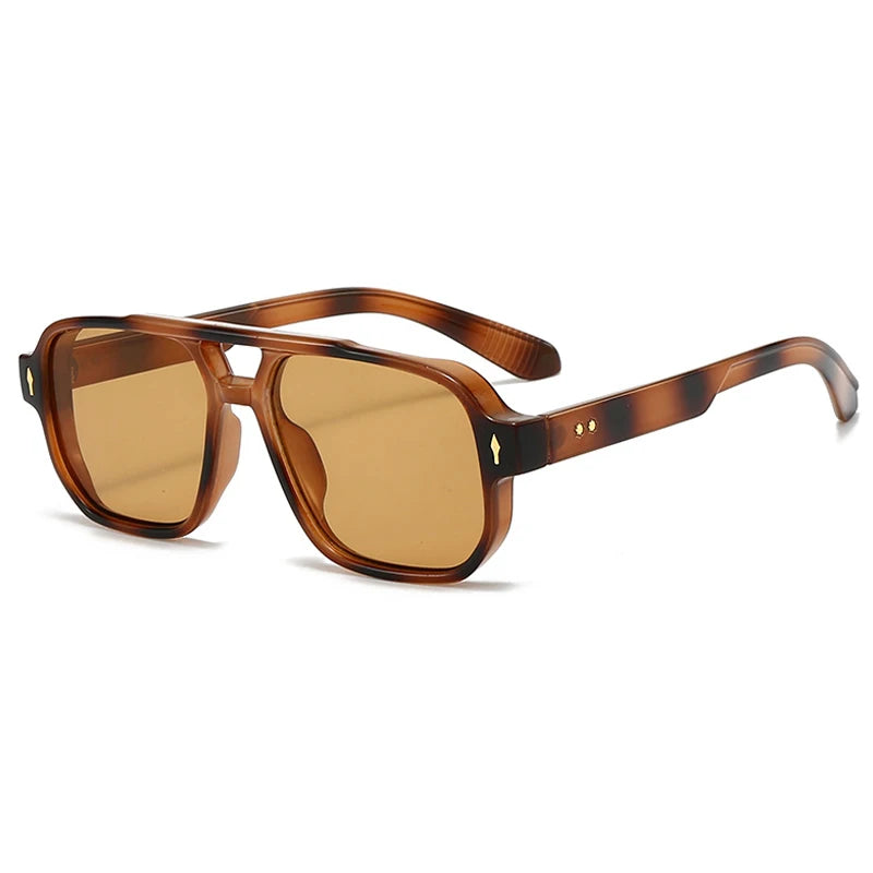JNPCXI Vintage Double Bridges Men Square Sunglasses Fashion Green Ocean Lens UV400 Eyewear Women Trending Rivets Sun Glasses