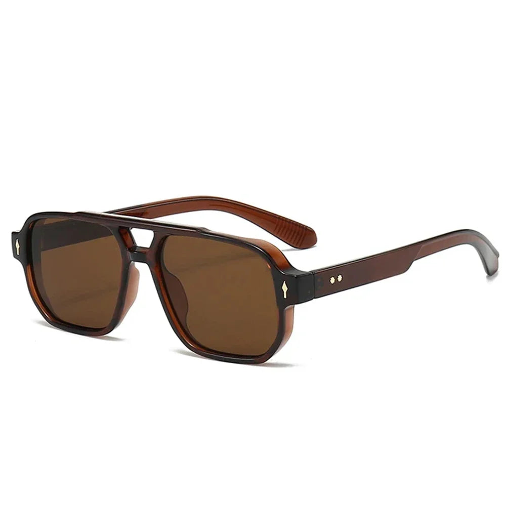 JNPCXI Vintage Double Bridges Men Square Sunglasses Fashion Green Ocean Lens UV400 Eyewear Women Trending Rivets Sun Glasses
