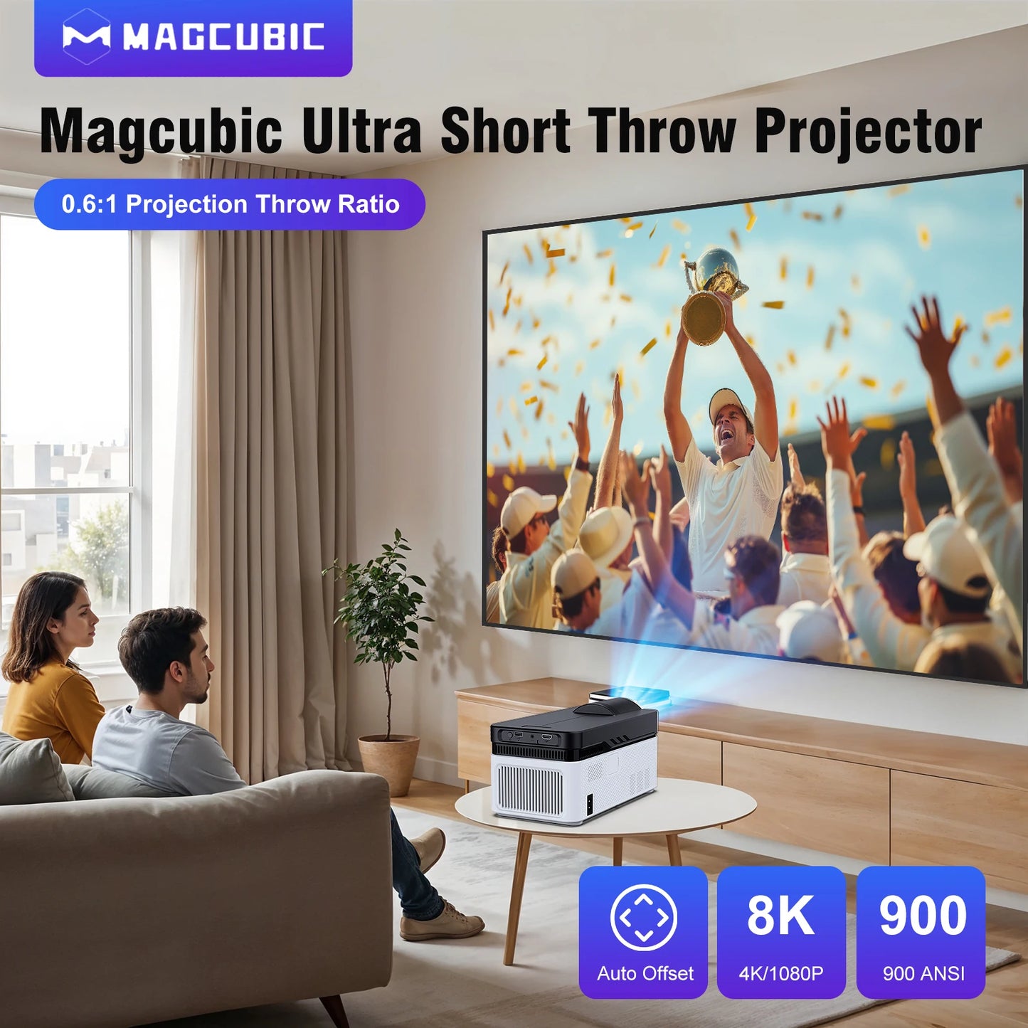 جهاز عرض Magcubic Ultra Short Throw HY450 مع خاصية الإزاحة التلقائية بدقة 8K و4K و1080P بمعيار 900ANSI BT5.4، وتركيز إلكتروني، وWiFi6، وAllwinnerH716، وصوت