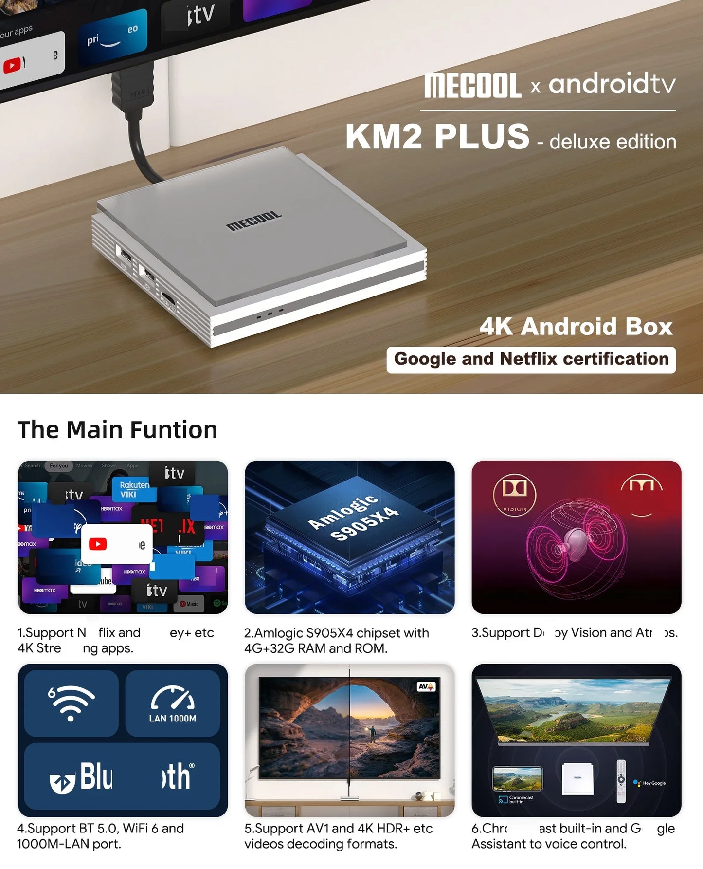 أحدث جهاز Mecool KM2 Plus Deluxe لعام 2025، ذاكرة وصول عشوائي DDR4 سعة 4 جيجابايت وذاكرة تخزين داخلية 32 جيجابايت، يعمل بنظام Android 11، معتمد من Google، Netflix بدقة 4K ATV BOX، WiFi 6، صوت Dolby Atmos TV BOX
