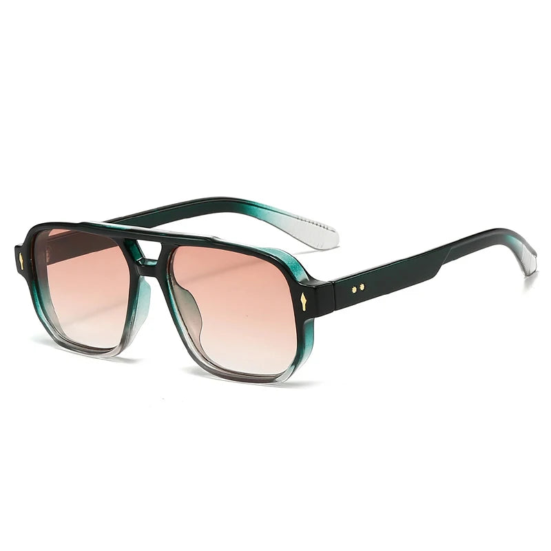 JNPCXI Vintage Double Bridges Men Square Sunglasses Fashion Green Ocean Lens UV400 Eyewear Women Trending Rivets Sun Glasses