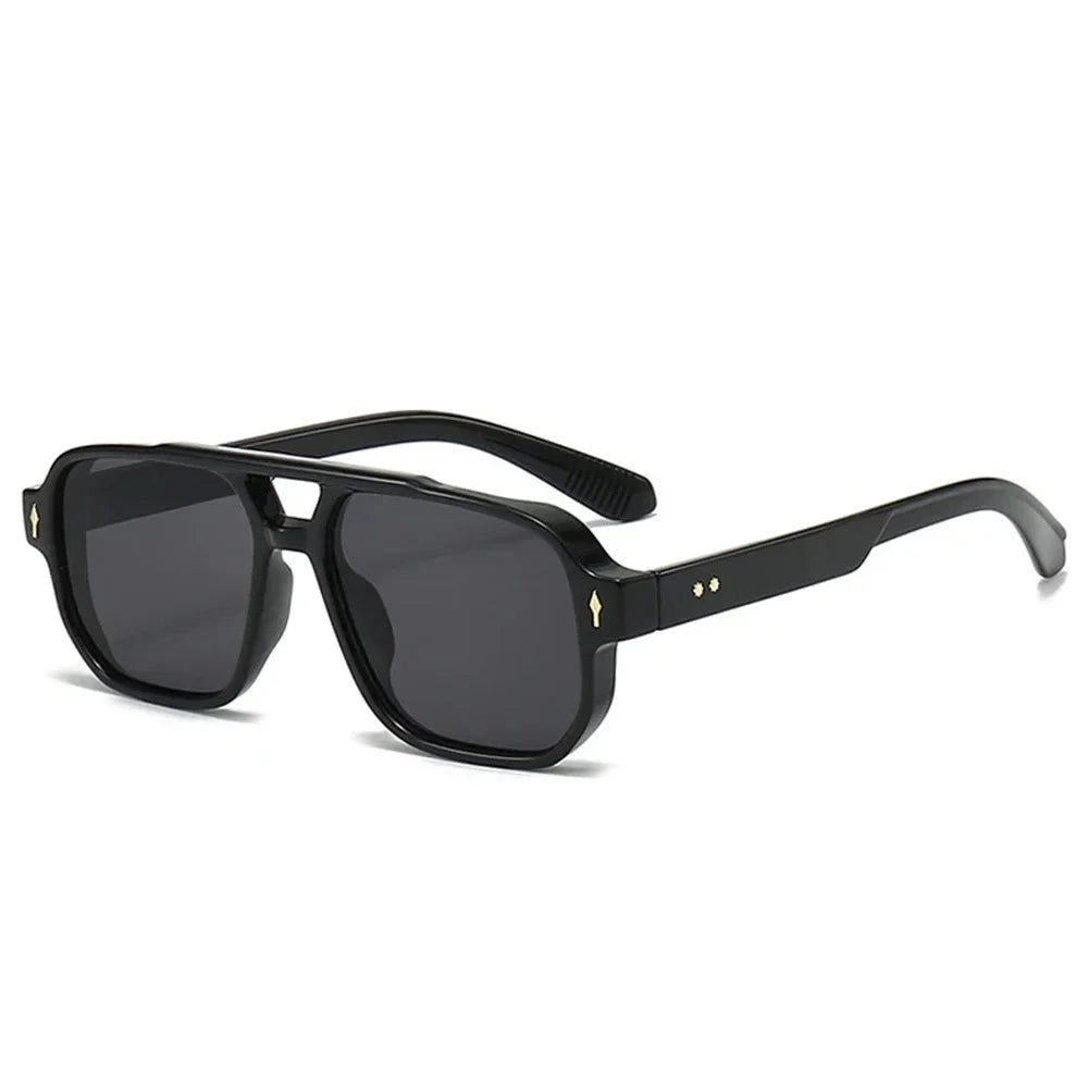 JNPCXI Vintage Double Bridges Men Square Sunglasses Fashion Green Ocean Lens UV400 Eyewear Women Trending Rivets Sun Glasses
