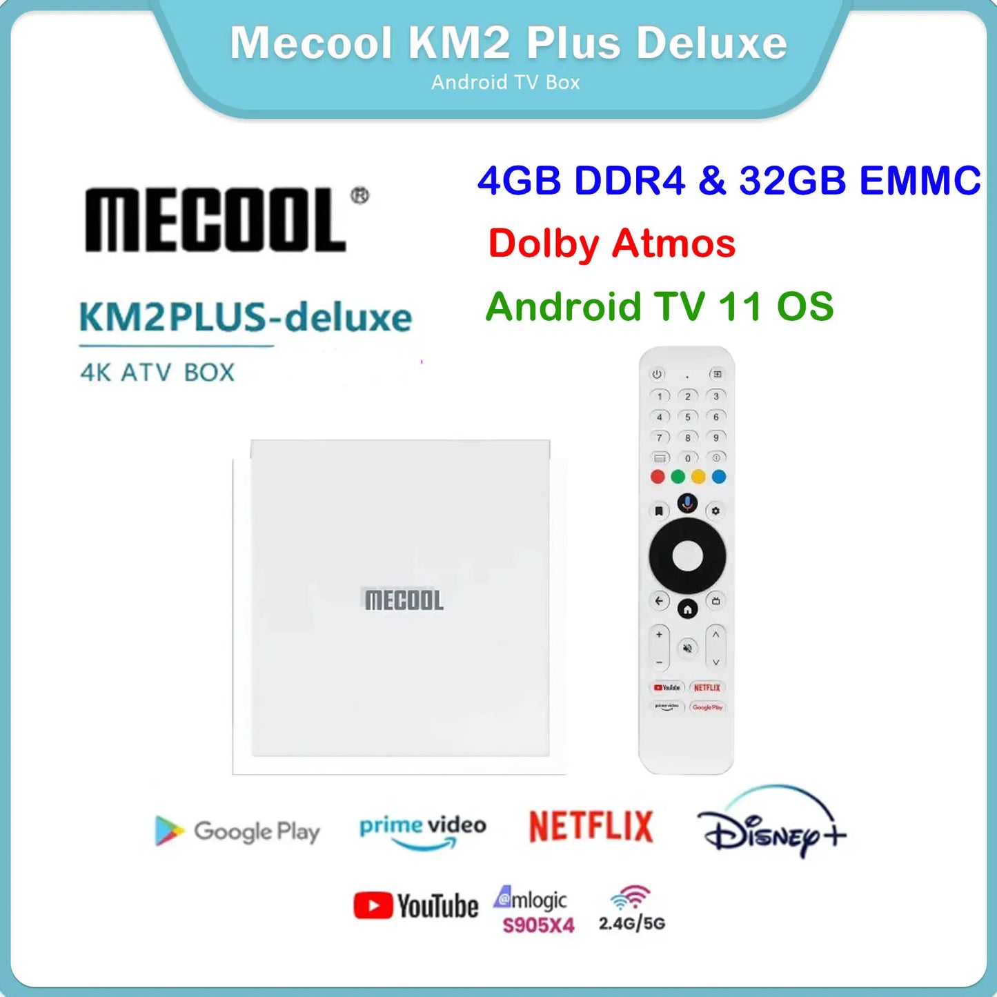 أحدث جهاز Mecool KM2 Plus Deluxe لعام 2025، ذاكرة وصول عشوائي DDR4 سعة 4 جيجابايت وذاكرة تخزين داخلية 32 جيجابايت، يعمل بنظام Android 11، معتمد من Google، Netflix بدقة 4K ATV BOX، WiFi 6، صوت Dolby Atmos TV BOX