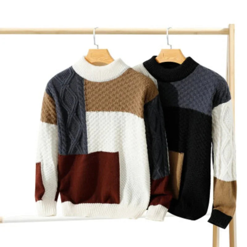 سترة رجالية فضفاضة ذات رقبة دائرية بألوان متباينة لفصل الخريف والشتاء النسخة الكورية من The Trend Knitwear Bottom Line Sweater Pullover