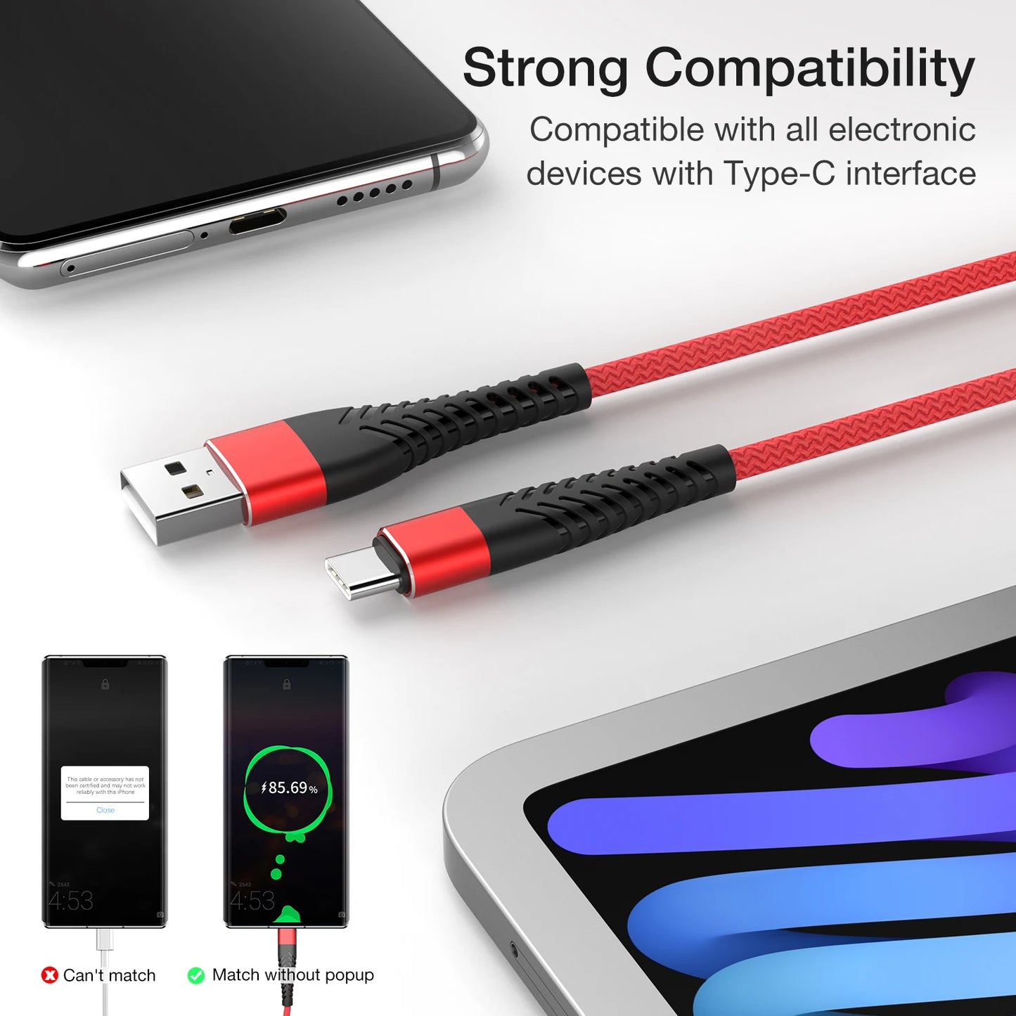 USB Type C Cable for Samsung A52 A72 S22 S23 Quick Charge 3.0 Cable USB C Fast Charging for Xiaomi mi 11 USB-C Charger Wire 3m