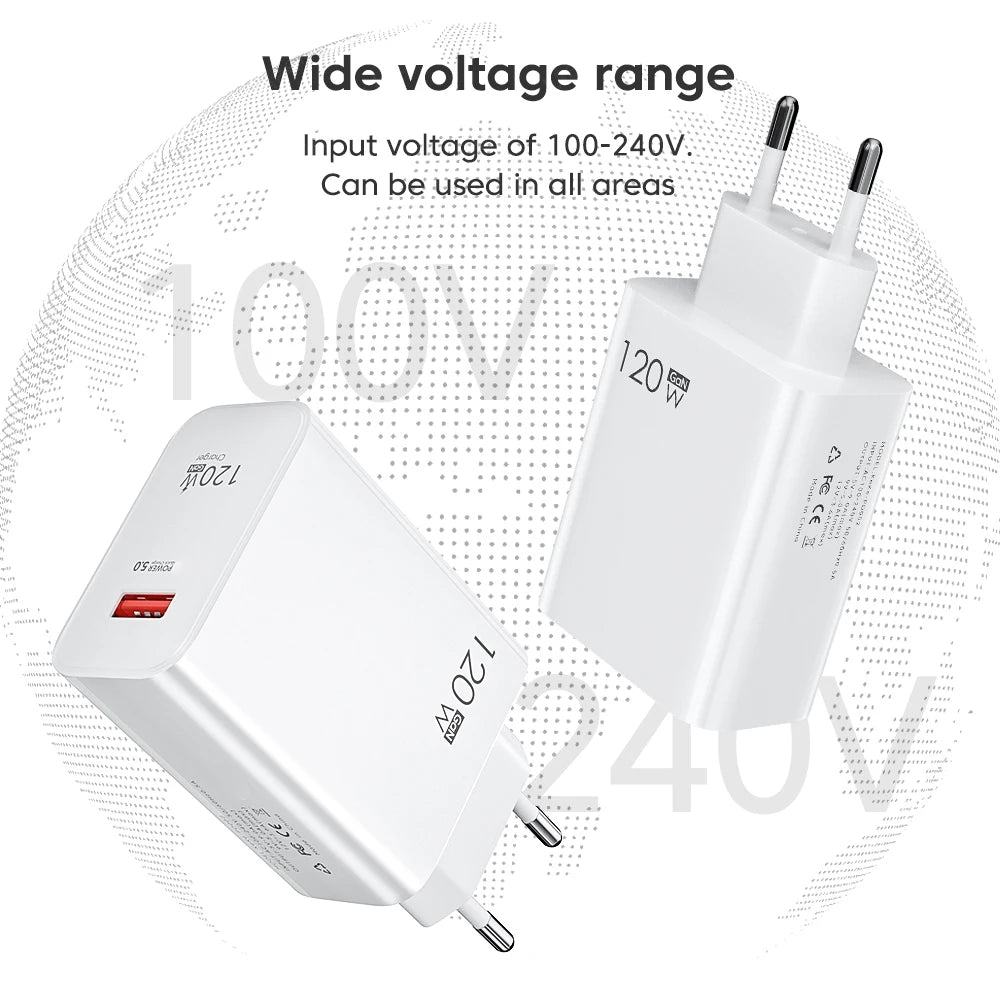 شاحن USB 120 وات GaN شحن سريع محول شاحن هاتف بمقبس الاتحاد الأوروبي/الولايات المتحدة 10 أمبير كابل من النوع C لهاتف iPhone وXiaomi وSamsung شاحن حائط USB