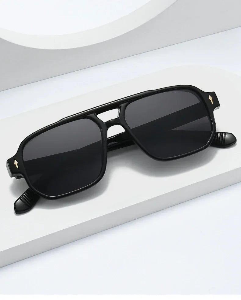 JNPCXI Vintage Double Bridges Men Square Sunglasses Fashion Green Ocean Lens UV400 Eyewear Women Trending Rivets Sun Glasses