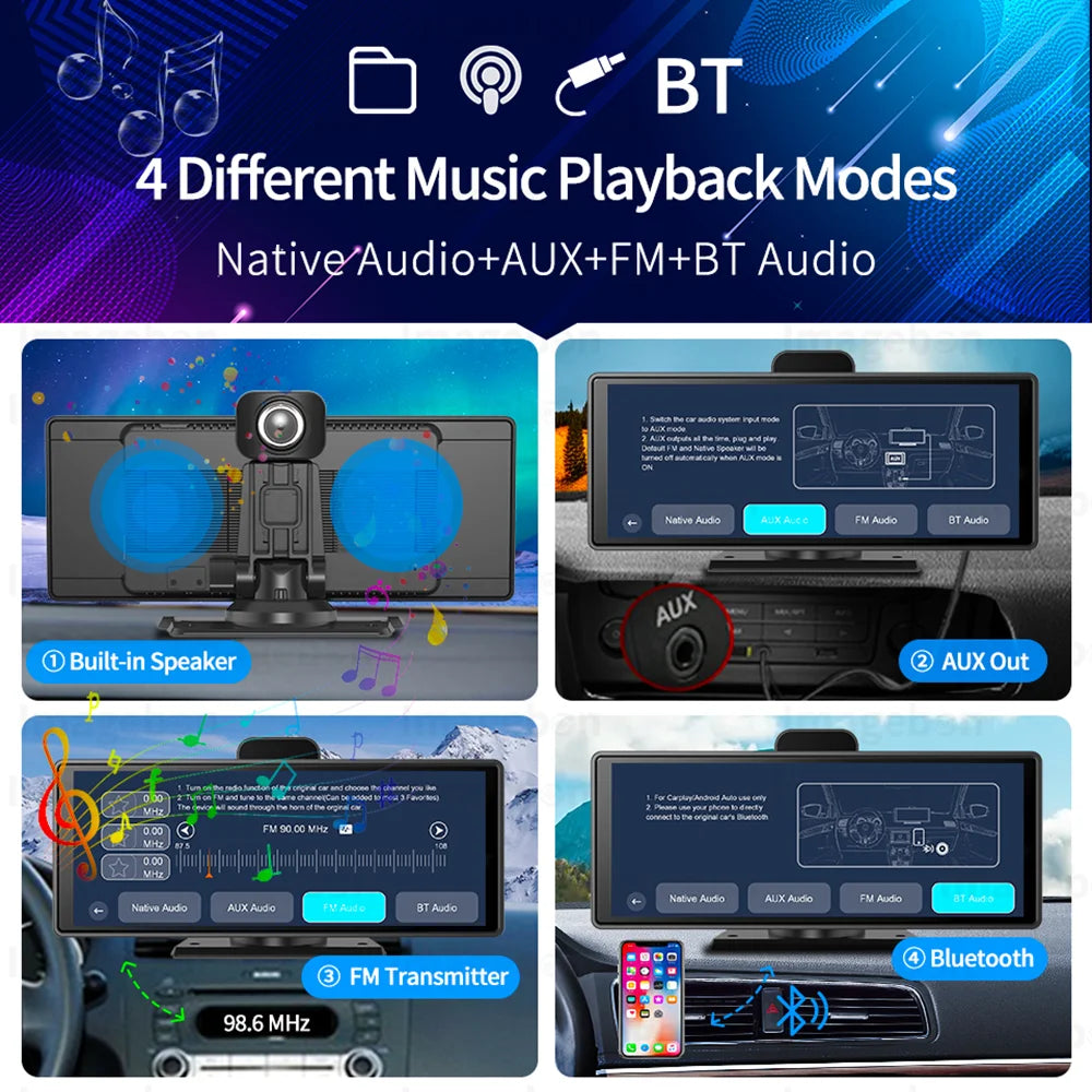 كاميرا سيارة Imagebon 10.26 بوصة لاسلكية مع CarPlay وAndroid Auto وADAS 4K DVR وبلوتوث وAUX ونظام تحديد المواقع العالمي (GPS) ومسجل فيديو على لوحة القيادة