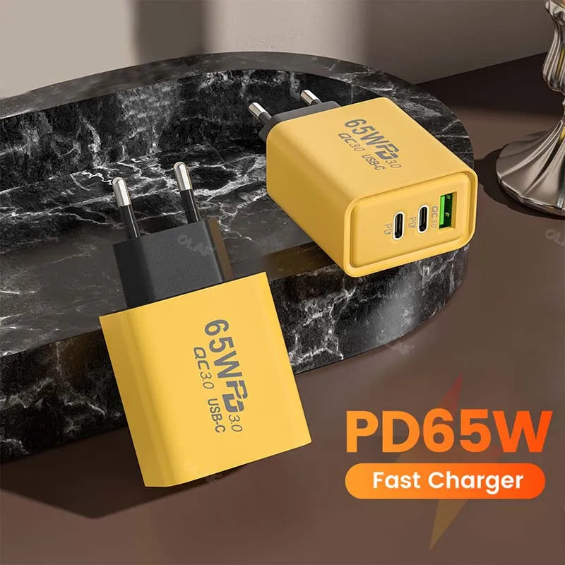 شاحن PD 65 وات USB C سريع الشحن 3.0 محول شاحن من النوع C لهاتف iPhone 14 13 12 Xiaomi Samsung شاحن حائط USB C