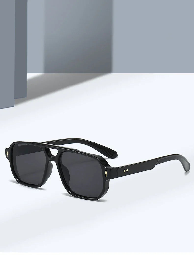JNPCXI Vintage Double Bridges Men Square Sunglasses Fashion Green Ocean Lens UV400 Eyewear Women Trending Rivets Sun Glasses