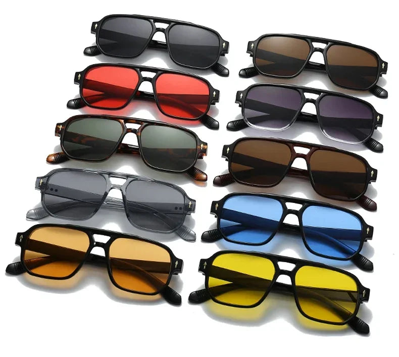 JNPCXI Vintage Double Bridges Men Square Sunglasses Fashion Green Ocean Lens UV400 Eyewear Women Trending Rivets Sun Glasses