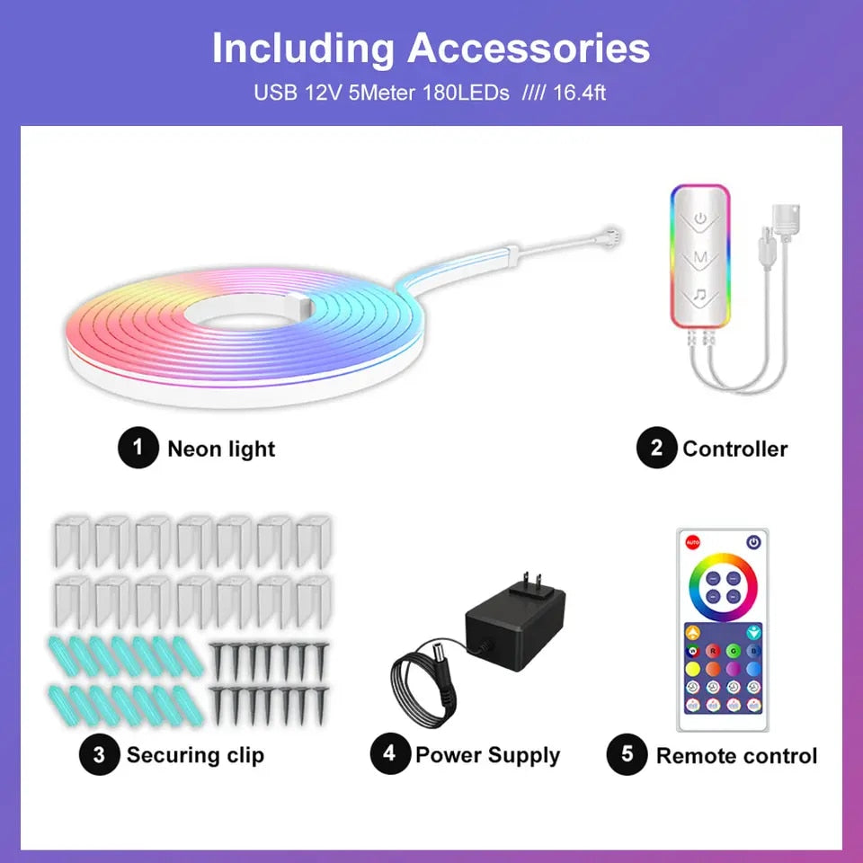 شريط إضاءة LED نيون RGBIC 12 فولت مع مزامنة الموسيقى وتطبيق Tuya الذكي 16 مليون لون DIY يعمل مع Alexa ومساعد Google
