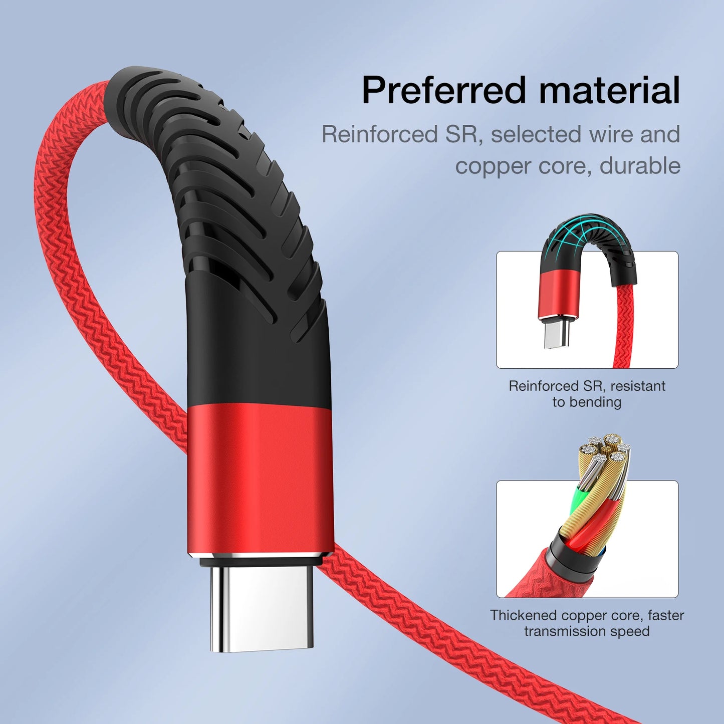 USB Type C Cable for Samsung A52 A72 S22 S23 Quick Charge 3.0 Cable USB C Fast Charging for Xiaomi mi 11 USB-C Charger Wire 3m