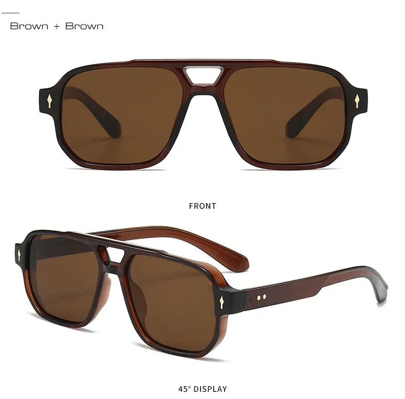 JNPCXI Vintage Double Bridges Men Square Sunglasses Fashion Green Ocean Lens UV400 Eyewear Women Trending Rivets Sun Glasses