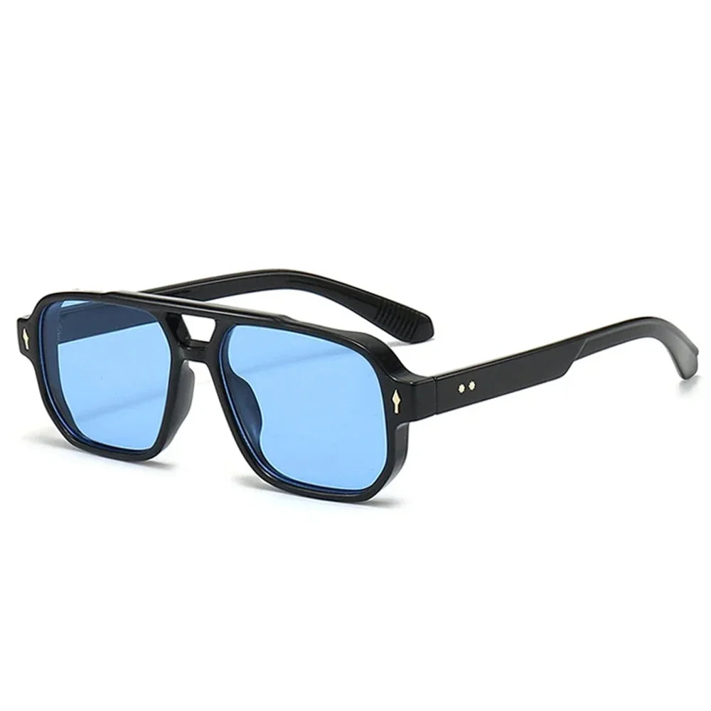 JNPCXI Vintage Double Bridges Men Square Sunglasses Fashion Green Ocean Lens UV400 Eyewear Women Trending Rivets Sun Glasses