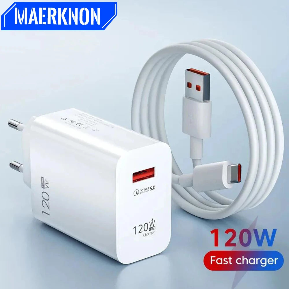 شاحن USB 120 وات GaN شحن سريع محول شاحن هاتف بمقبس الاتحاد الأوروبي/الولايات المتحدة 10 أمبير كابل من النوع C لهاتف iPhone وXiaomi وSamsung شاحن حائط USB