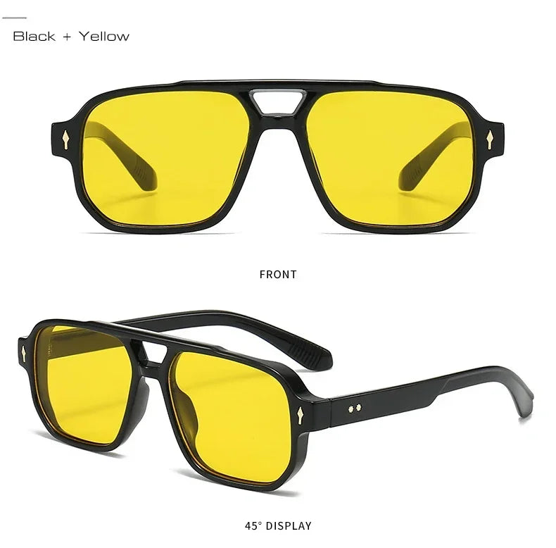 JNPCXI Vintage Double Bridges Men Square Sunglasses Fashion Green Ocean Lens UV400 Eyewear Women Trending Rivets Sun Glasses