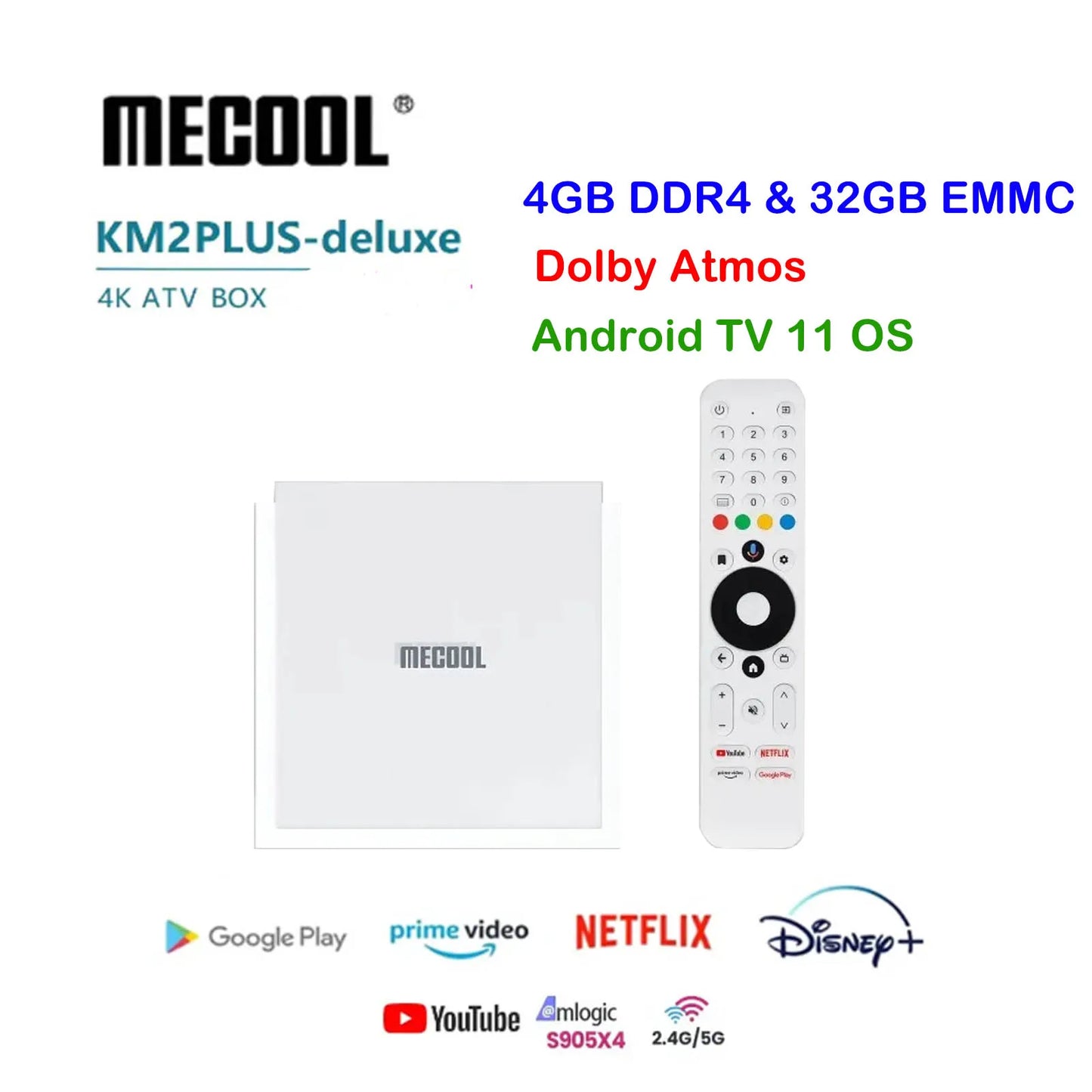 أحدث جهاز Mecool KM2 Plus Deluxe لعام 2025، ذاكرة وصول عشوائي DDR4 سعة 4 جيجابايت وذاكرة تخزين داخلية 32 جيجابايت، يعمل بنظام Android 11، معتمد من Google، Netflix بدقة 4K ATV BOX، WiFi 6، صوت Dolby Atmos TV BOX