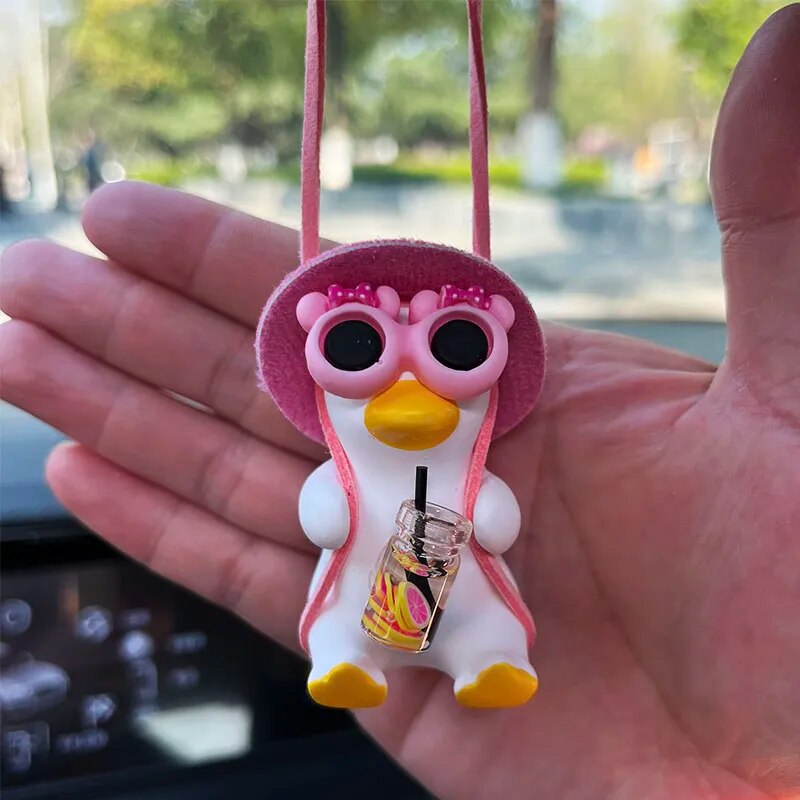 Anime Pink Swing Duck Car Decoration Pendant Cute Auto Rearview Mirror Hanging Ornament For Women Car Ineriror Accessories