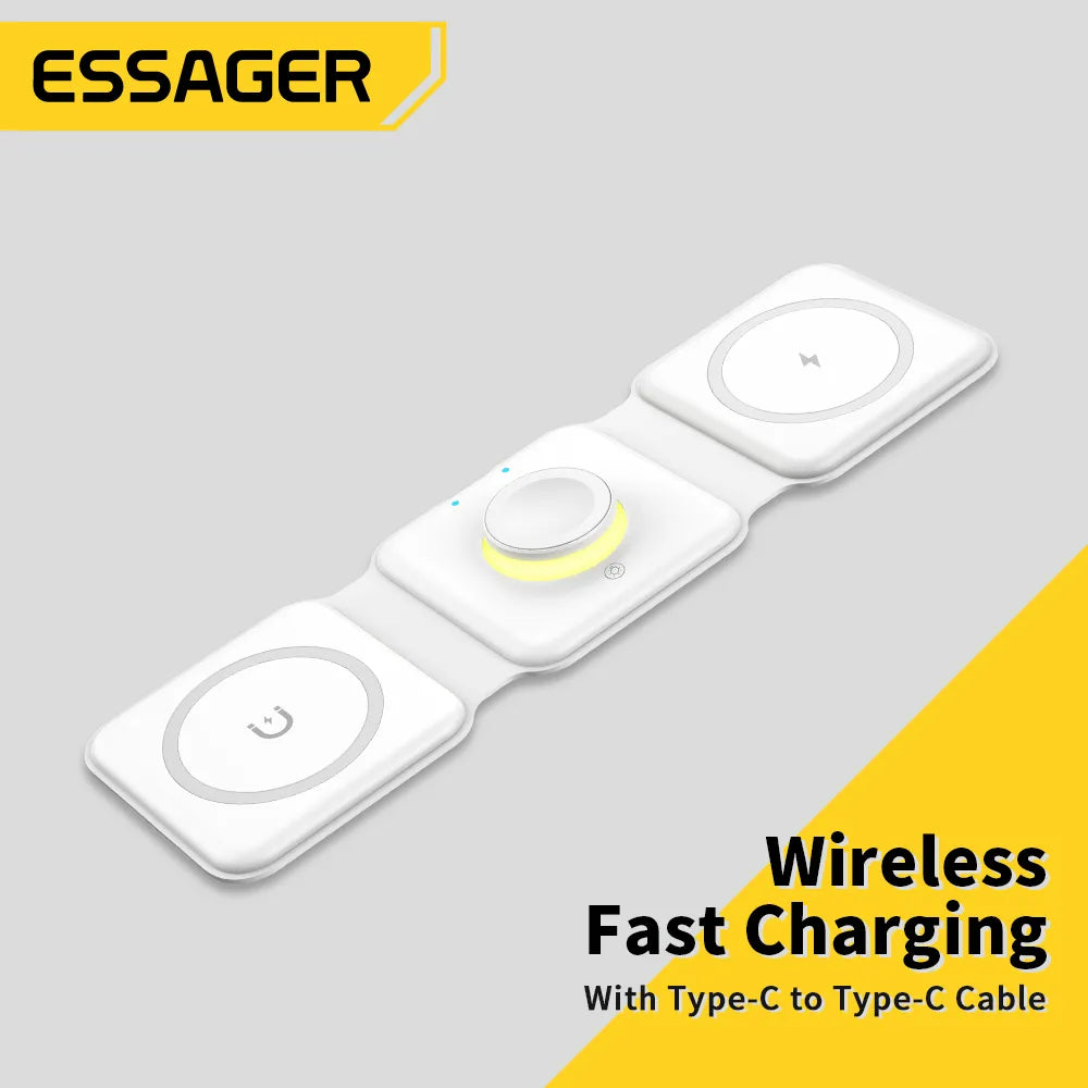 حامل شاحن لاسلكي 3 في 1 مغناطيسي 15 وات من Essager قابل للطي لهاتف iPhone 14 13 12/Airpod/iWatch 7 6 مع شحن سريع