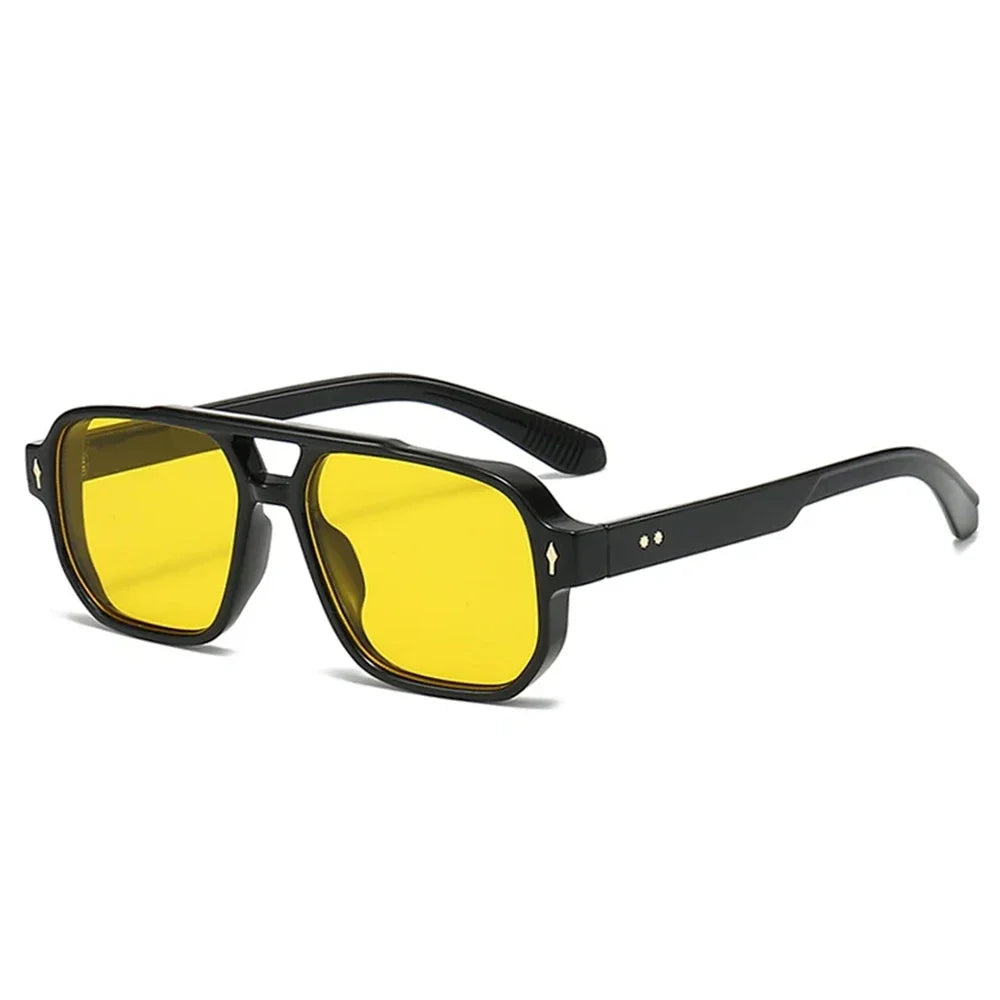 JNPCXI Vintage Double Bridges Men Square Sunglasses Fashion Green Ocean Lens UV400 Eyewear Women Trending Rivets Sun Glasses