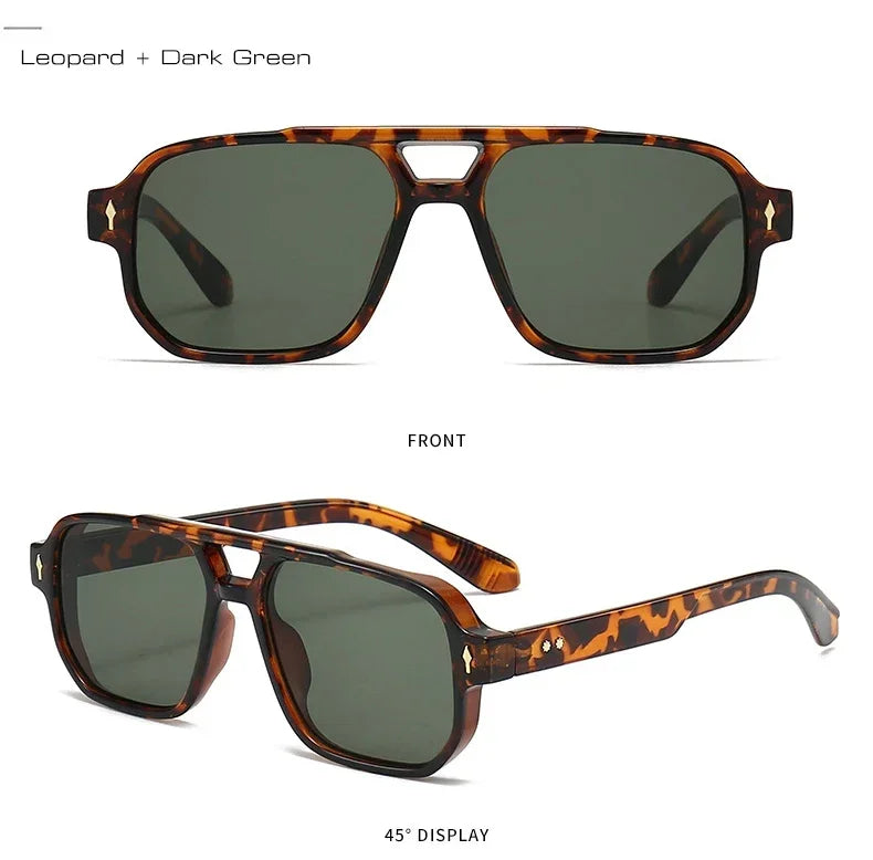 JNPCXI Vintage Double Bridges Men Square Sunglasses Fashion Green Ocean Lens UV400 Eyewear Women Trending Rivets Sun Glasses