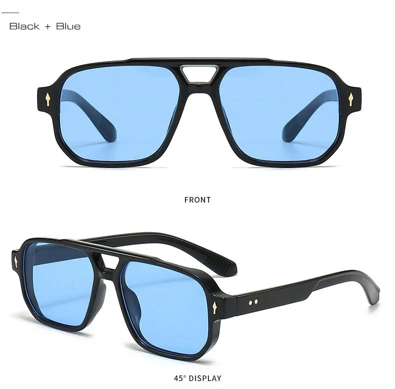JNPCXI Vintage Double Bridges Men Square Sunglasses Fashion Green Ocean Lens UV400 Eyewear Women Trending Rivets Sun Glasses