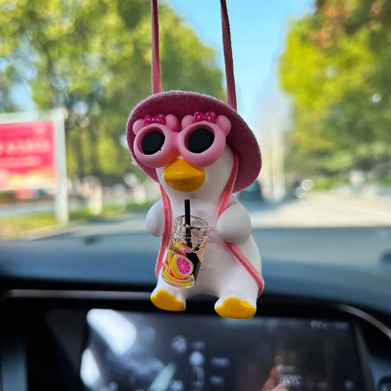 Anime Pink Swing Duck Car Decoration Pendant Cute Auto Rearview Mirror Hanging Ornament For Women Car Ineriror Accessories
