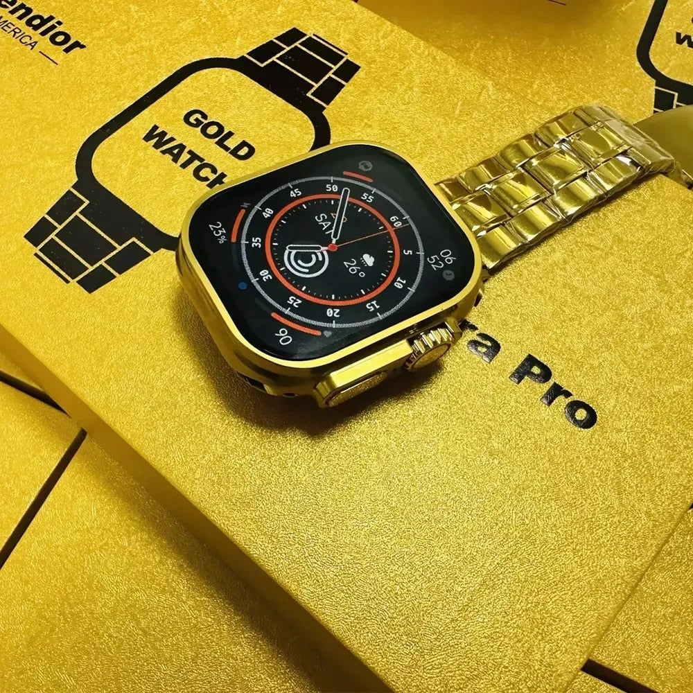 ساعة ذكية أصلية G9 Ultra Pro Gold Series 9 NFC Bluetooth Call Stainless Steel Wireless Charge 3 Strap للرجال والنساء