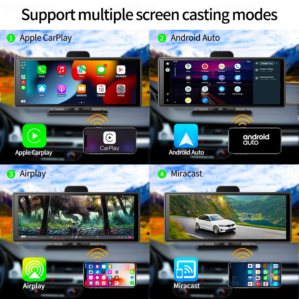 كاميرا سيارة Imagebon 10.26 بوصة لاسلكية مع CarPlay وAndroid Auto وADAS 4K DVR وبلوتوث وAUX ونظام تحديد المواقع العالمي (GPS) ومسجل فيديو على لوحة القيادة