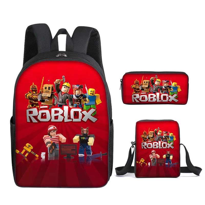 مجموعة من ثلاث قطع من حقيبة مدرسية ثلاثية الأبعاد مطبوعة من لعبة Roblox تحيط بطلاب المدارس الابتدائية والثانوية وحقيبة ظهر وحقيبة قلم