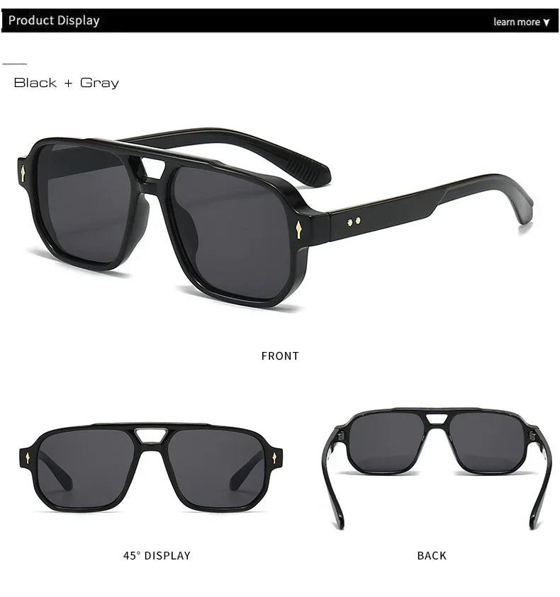 JNPCXI Vintage Double Bridges Men Square Sunglasses Fashion Green Ocean Lens UV400 Eyewear Women Trending Rivets Sun Glasses