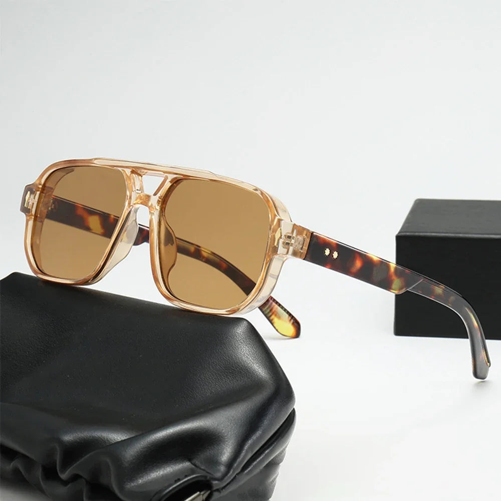 JNPCXI Vintage Double Bridges Men Square Sunglasses Fashion Green Ocean Lens UV400 Eyewear Women Trending Rivets Sun Glasses