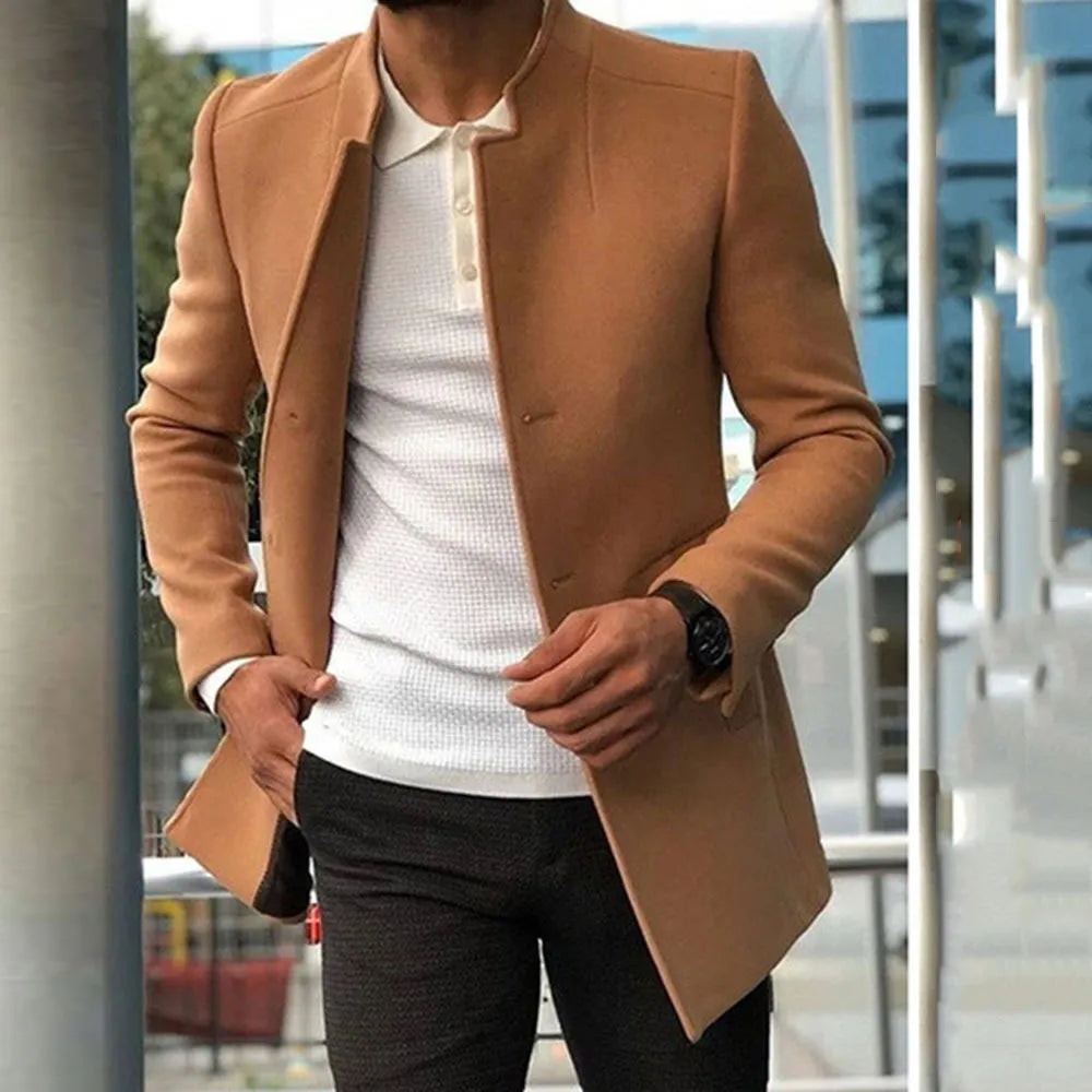 Autumn Winter Fashion Men's Woolen Coats Solid Color Single Breasted Lapel Long Coat Jacket Casual Overcoat Plus Size 5 Colors