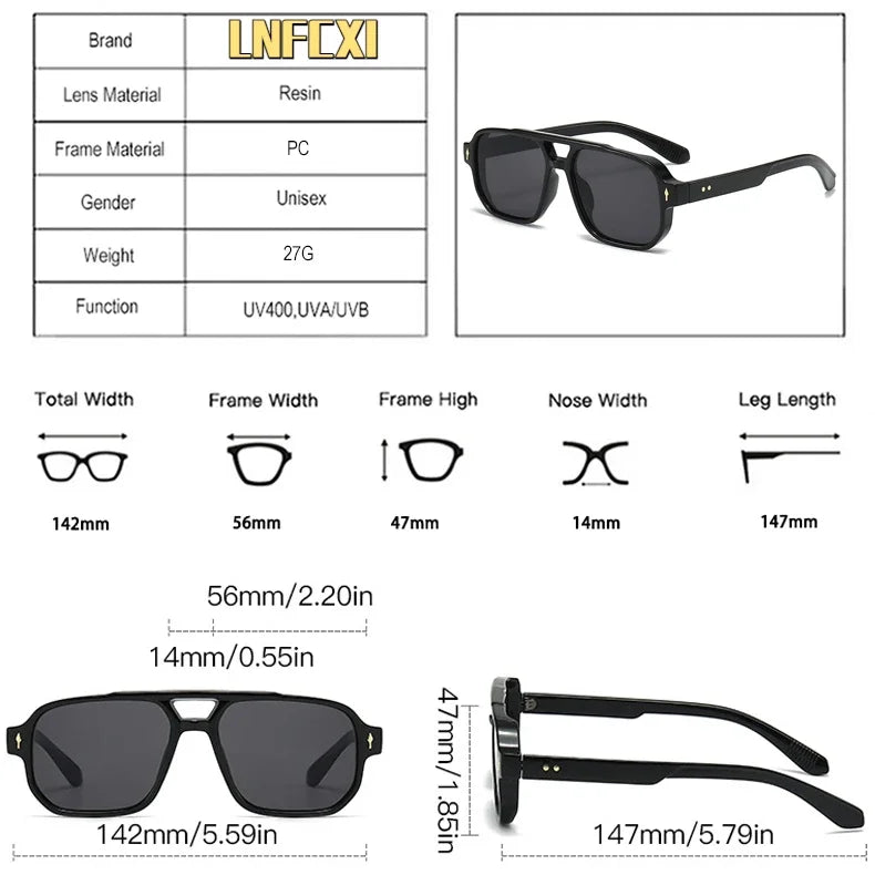 JNPCXI Vintage Double Bridges Men Square Sunglasses Fashion Green Ocean Lens UV400 Eyewear Women Trending Rivets Sun Glasses